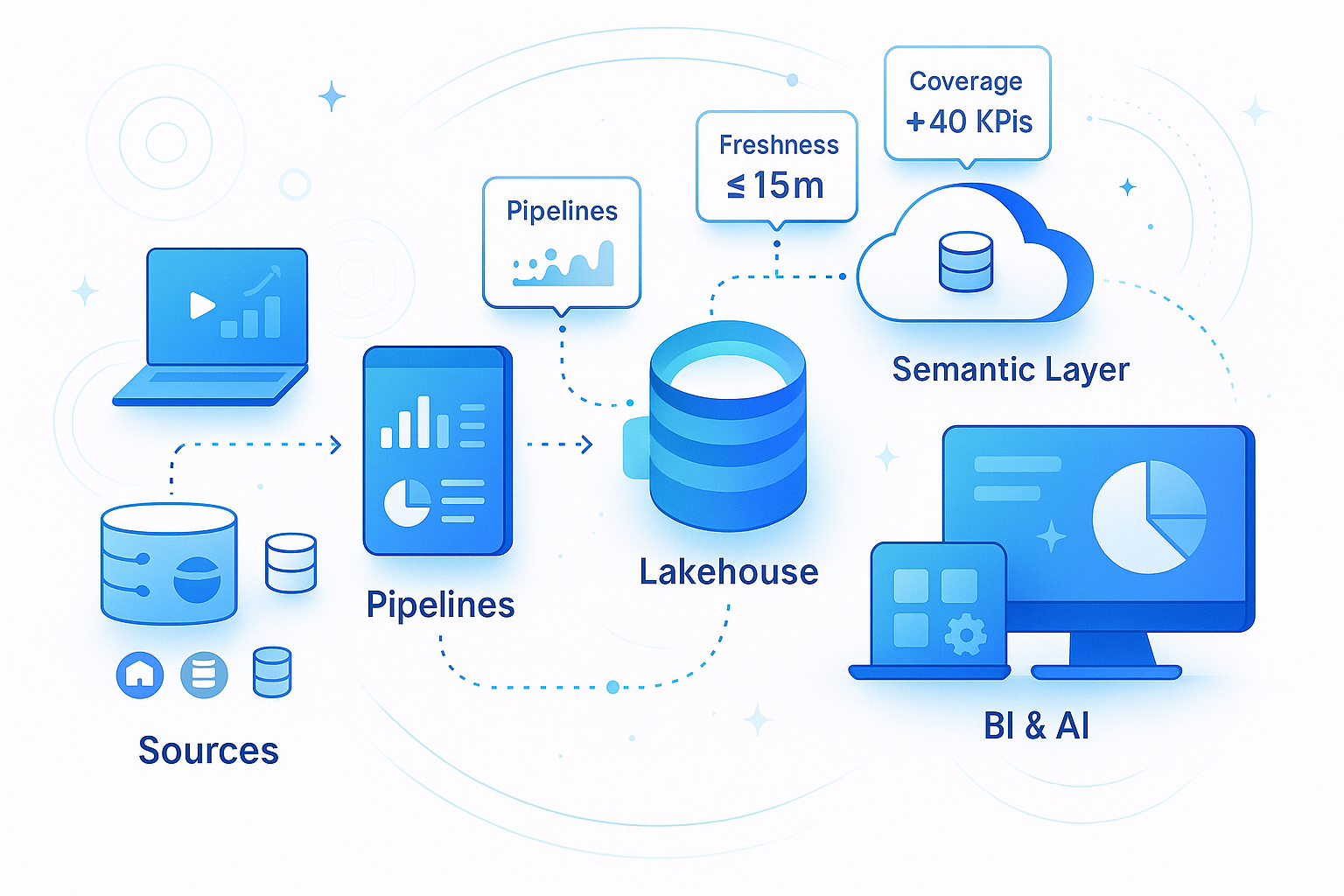 Data & analytics infographic: sources, pipelines, lakehouse, semantic layer, BI & AI