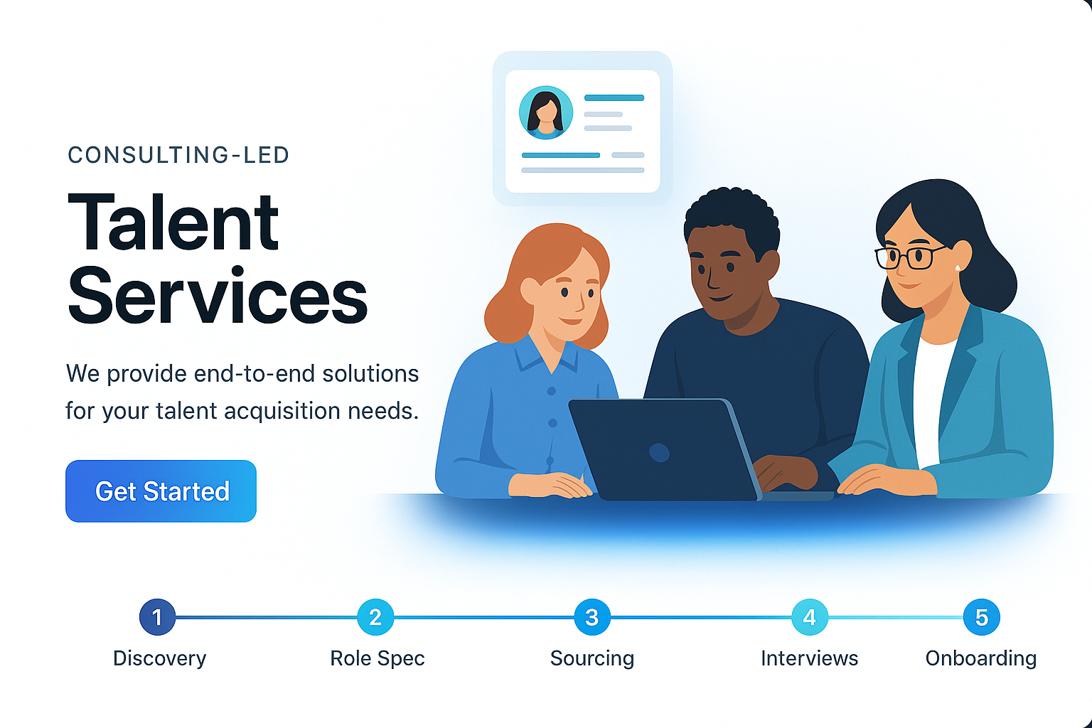 Illustration of candidates, role cards, analytics and a hiring flow